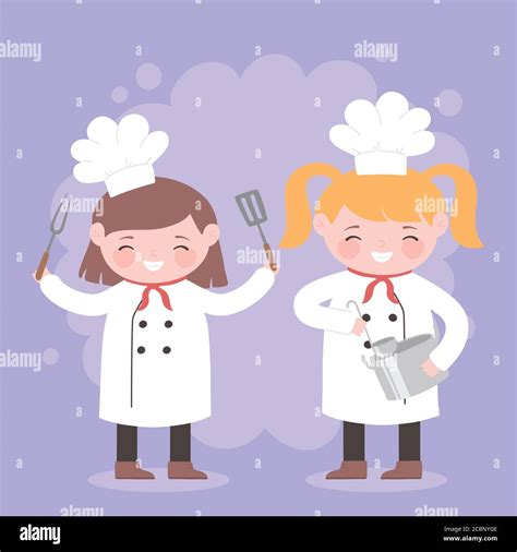 Chefs Girls With Fork And Pot Kitchen Cartoon Character Vector