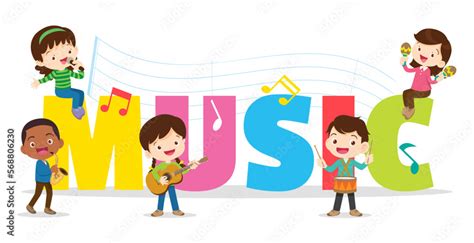 Play music concept of children group.Cartoon dancing kids and kids with ...