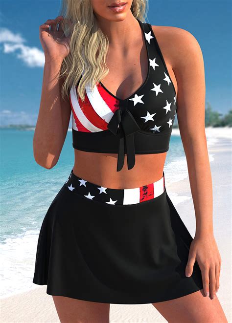 ROTITA High Waisted American Flag Print Cross Strap Bikini Set Rotita