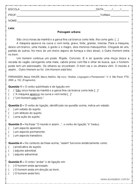Atividade Verbo De Ligação - Atividade de Portugues Questoes Sobre Verbo de Ligacao 8º Ano Word | PDF