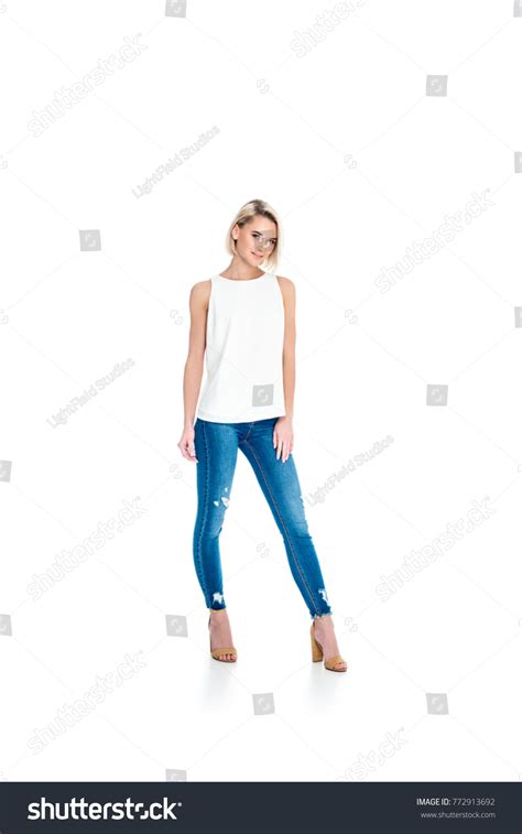 Attractive Blonde Girl Posing Jeans Isolated Stock Photo Shutterstock