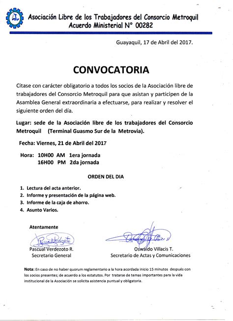 Convocatoria Asamblea General Extraordinaria Asoquil