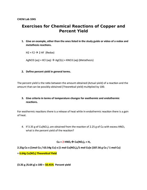 Exercises For Chemical Reactions Of Copper And Percent Yield Chem Lab 1045 Exercises For