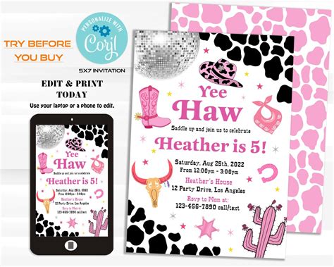 Cowgirl Birthday Party Invitation Pink Disco Cowgirl Party Rodeo