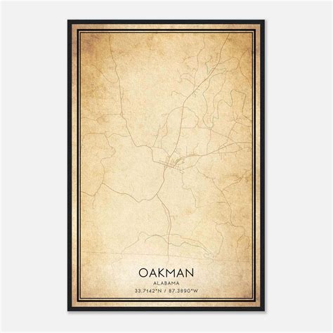 Vintage Oakman Alabama Map Poster, Oakman AL City Road Wall Art Print