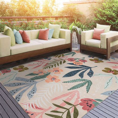 DECOMALL Floral Colorful Design Outdoor Rug Pink/Green/Yellow/Ivory