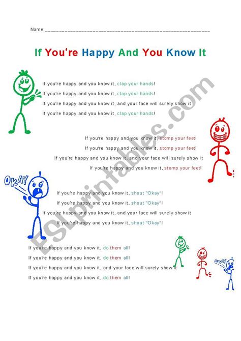 If You´re Happy and You Know It Lyrics Sheet - ESL worksheet by phoebesama