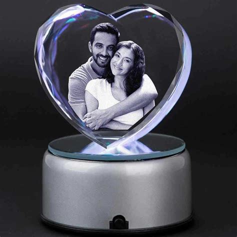 3d Diamond Cut Heart Shape Crystal With Led Light Base