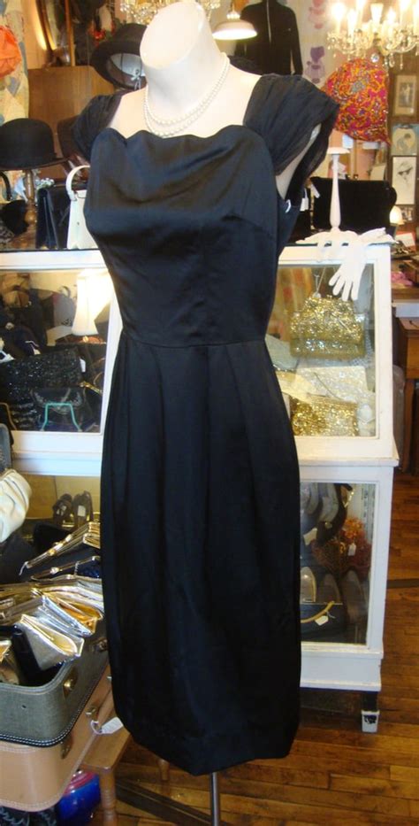 Vintage 1950s Black Satin And Chiffon Wiggle Dress … Gem