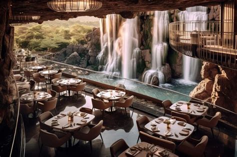 Premium Photo Tables And Chairs In A Restaurant With A Waterfall In