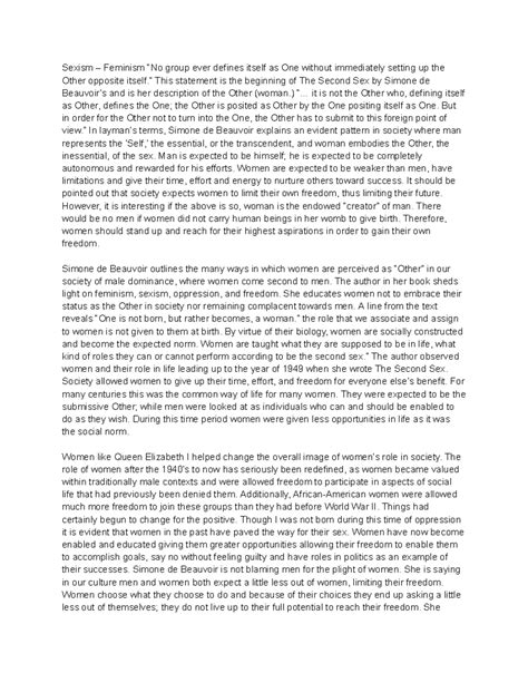 Sexism Versus Feminism Critical Analysis Of The Second Sex By Simone De Beauvoir Sexism