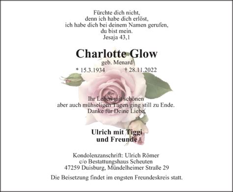 Traueranzeigen Von Charlotte Glow Trauer In Nrw De