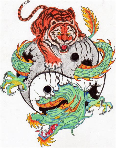 Colorful Tiger and Dragon Tattoo Design