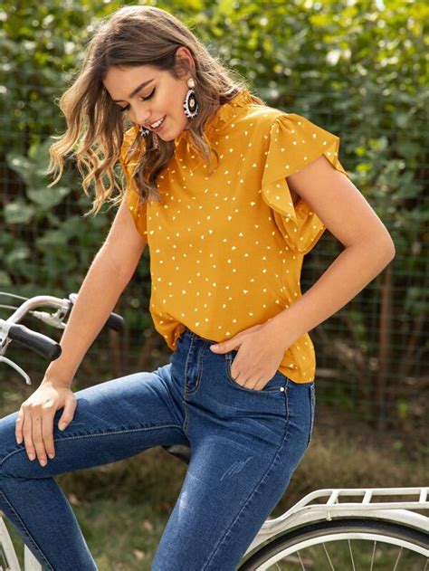 Heart Confetti Mock Neck Keyhole Back Blouse Shein Usa