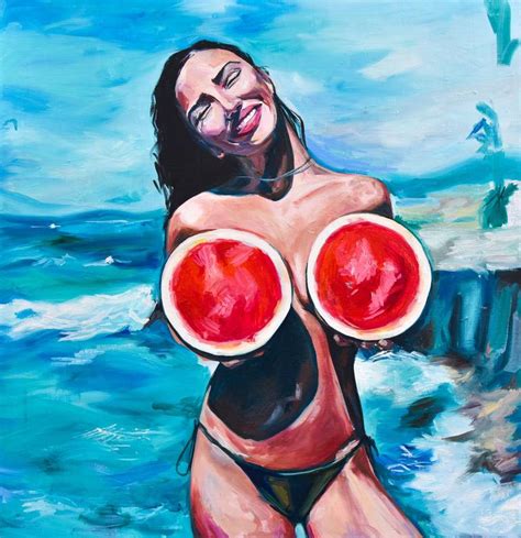 WATERMELONS Sea Original Oil Painting Seaside Summer Erotic Art Naked Woman Gift Idea