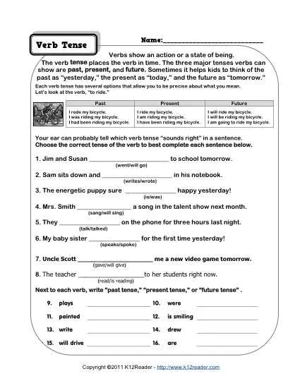 Verb Tenses Worksheets K12reader Reading Resources