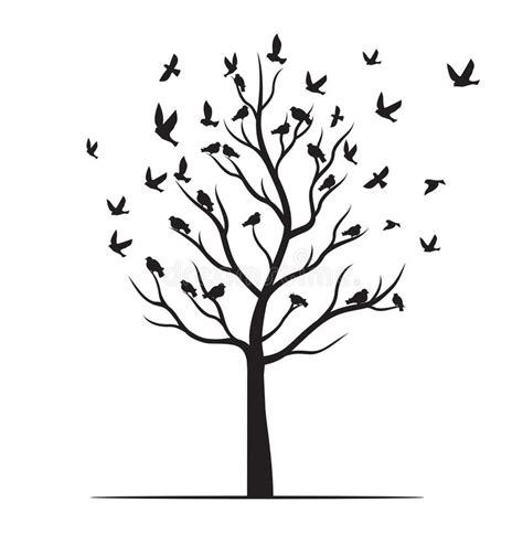 Winter Naked Tree And Black Birds Vector Outline Illustration Plant In Garden Stock Vector