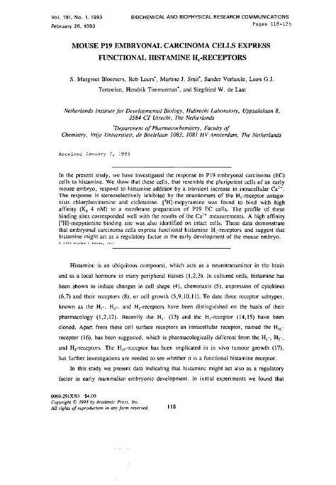 Pdf Mouse P Embryonal Carcinoma Cells Express Functional Histamine