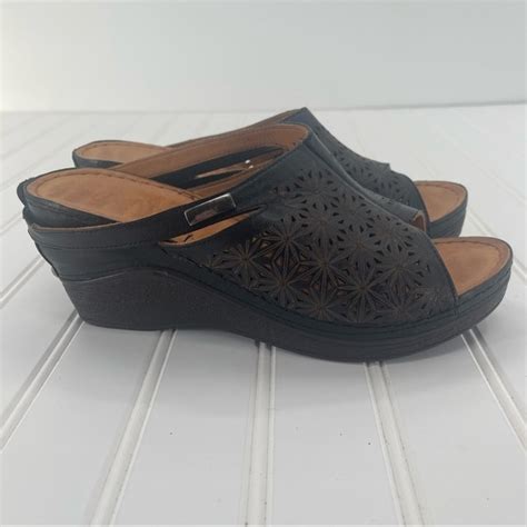 Bonavi | Shoes | Bonavi Black Floral Cutout Boho Leather Wedge Slides ...