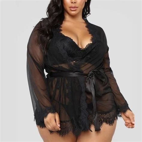 Pyjama Femme En Dentelle Et Maille FUNMOON Noir Lingerie Sexy Avec Peignoir String Et
