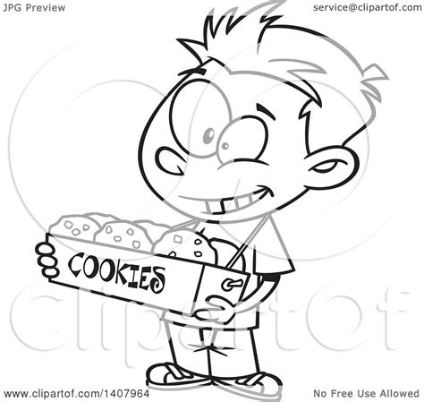 Clipart of a Cartoon Black and White Lineart Boy Selling Cookies ...