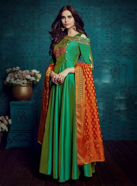 Green Taffeta Silk Readymade Anarkali Suit 140069 Silk Anarkali Suits