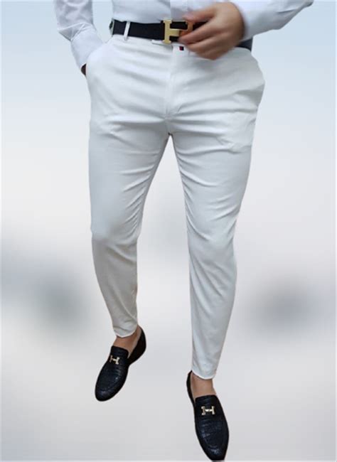 Mens Stretch Slim Fit White Casual Plain Elegant Pants Etsy