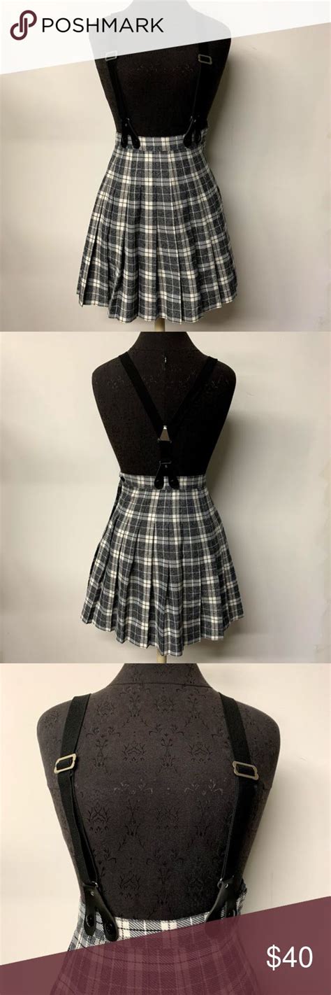 90s Plaid High Waist Pleated Skirt W Suspenders Vintage Black And White