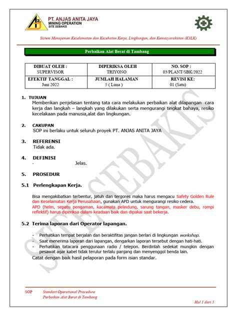 Sop Perbaikan Alat Berat Di Tambang Pdf