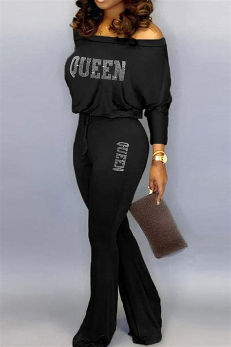 Wholesale Black Casual Solid Patchwork Hot Drill Off The Shoulder Straight Jumpsuits K67961 1 Online