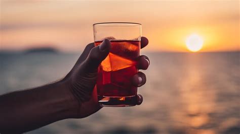 Premium Photo Hand Holding Glass Of Cocktail On Blurry Sea Horizon