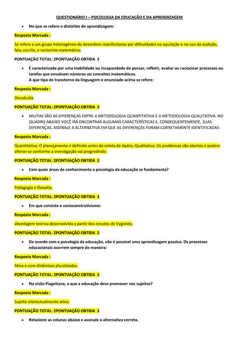 Question Rio I Psicologia Da Educa O E Da Aprendizagem Question