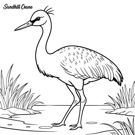 Sandhill Crane Hand Drawing Coloring Page And Outline Vector Design