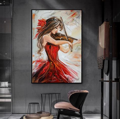 Red Woman Art Girl Tocando Violín Imprimir Música Clásica Pared Arte