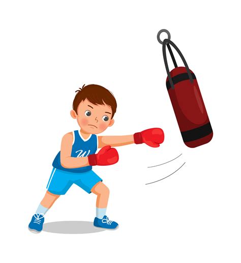 Cute Little Boy Boxer Wearing Boxing Gloves Hitting The Punching Bag