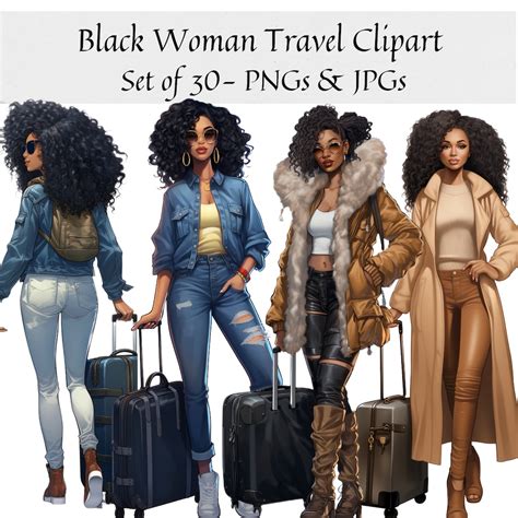 Black Woman Travel Clipart Set Of 30 Black Girl On Vacation Traveler