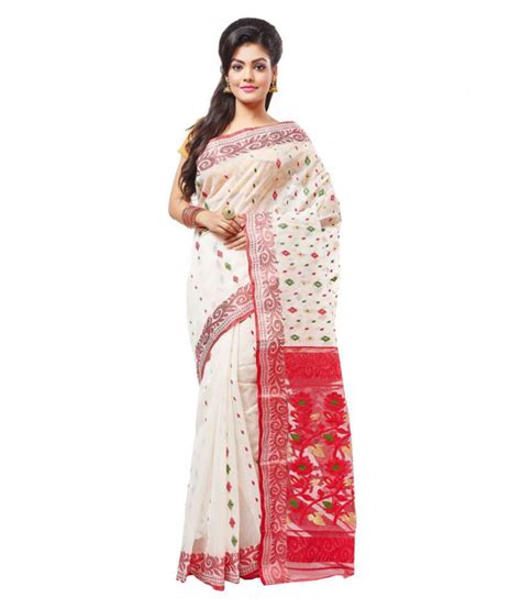 Loom Crafts White And Red Bengal Cotton Saree Buy Loom Crafts White