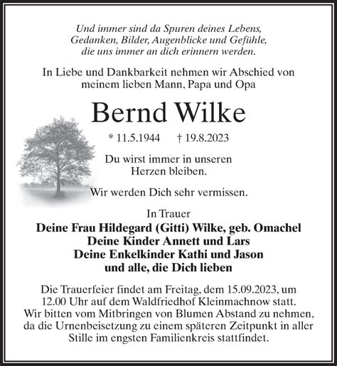 Traueranzeigen Von Bernd Wilke Trauer Anzeigen De