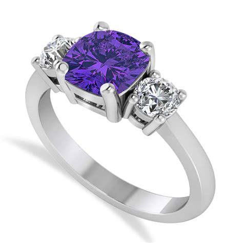 Cushion And Round 3 Stone Tanzanite And Diamond Engagement Ring 14k White