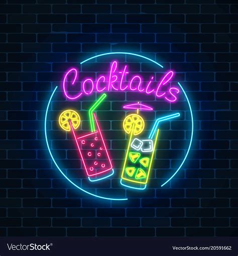 Neon Cocktails Bar Sign In Circle Frame On Dark Vector Image