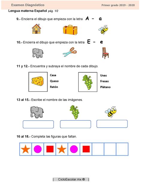 Examen Diagnóstico PRIMER grado 2019 2020 Imagenes Educativas