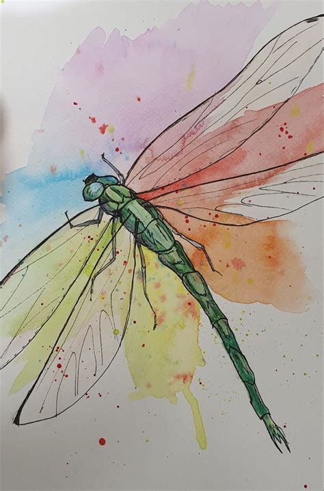 A Watercolor Drawing Of A Dragonfly Sitting On Top Of A Piece Of Paper