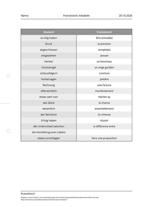 Arbeitsblatt Französisch Vokabeln Französisch Tutoryde