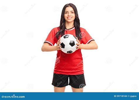 Beautiful Female Soccer Player Holding A Ball Stock Photo - Image: 59718144