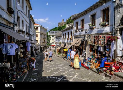 City of Gjirokastra, Gjirokastra, Albania - Tourists visit the historic ...