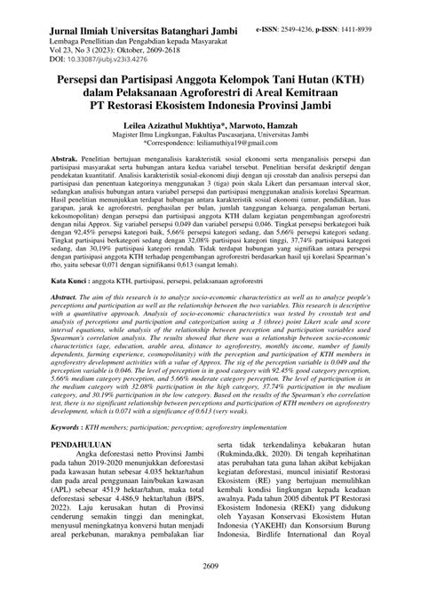 Pdf Persepsi Dan Partisipasi Anggota Kelompok Tani Hutan Kth Dalam