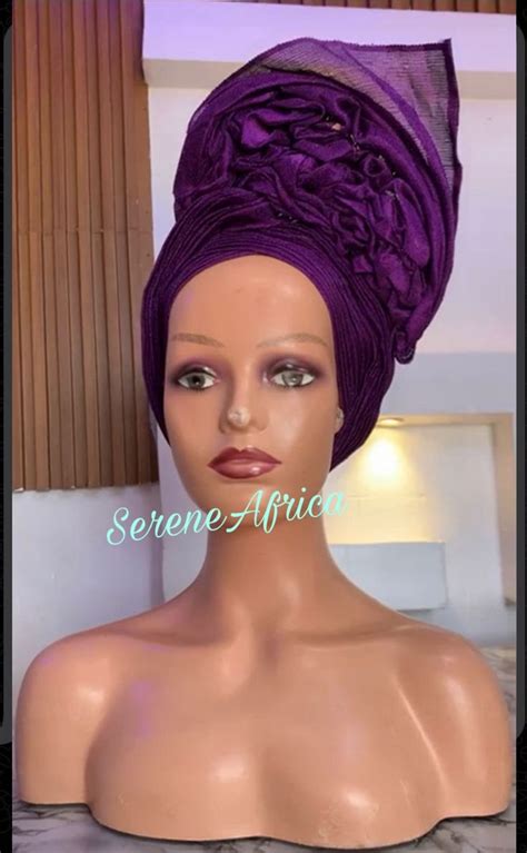 Autogele Aso Oke Pre Tied Purple Headwrap Aso Oke Autogele African