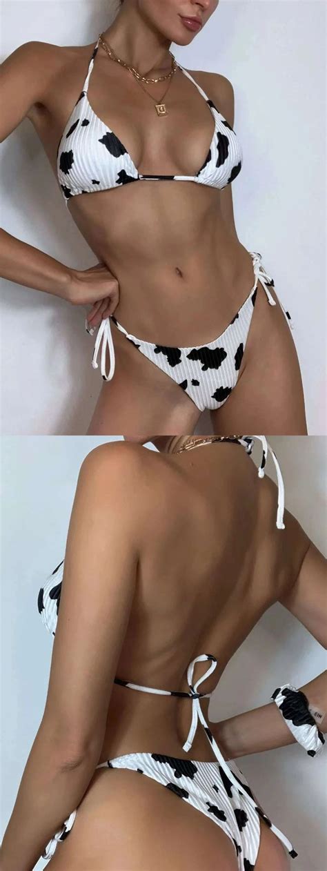 Get Cow Print Velvet Triangle Tie Side Bikini In 2021 Bikinis Bikini