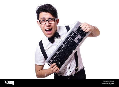 Funny Computer Geek Isolated On White Stock Photo Alamy