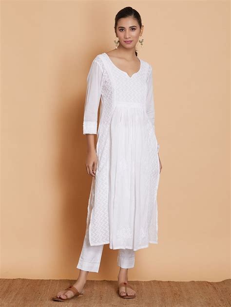 Buy White Chikankari Cotton Kurta Online At Theloom